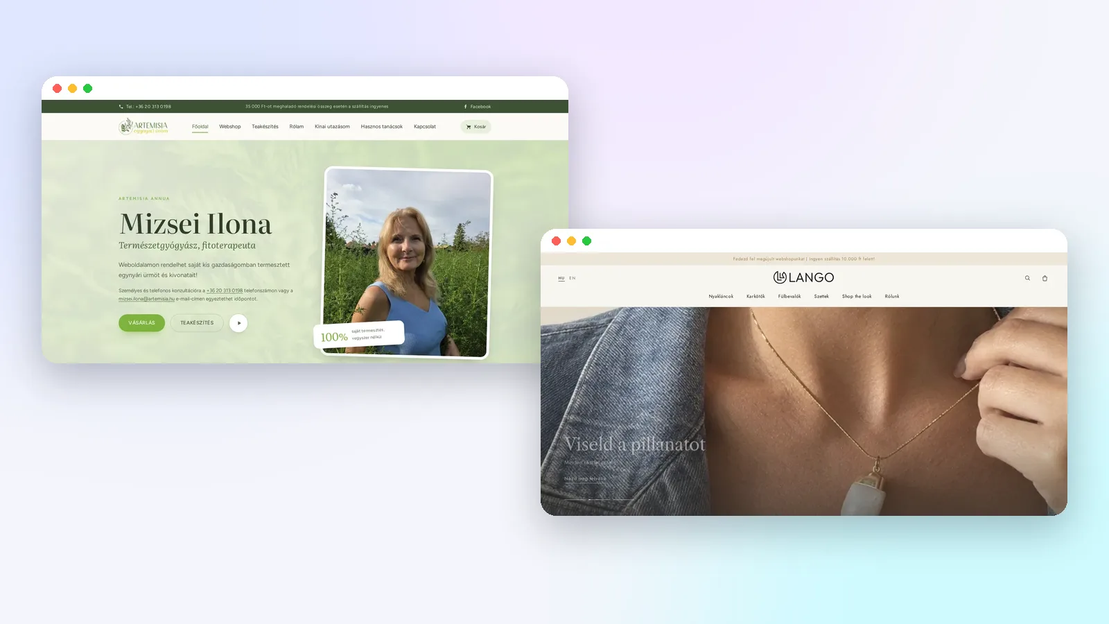 Két egyedi webshop kezdőlapja böngészőkeretben: Egynyári üröm és Lango Jewelry