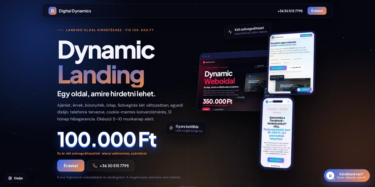 Dynamic Landing 3D-s bemutatóoldal