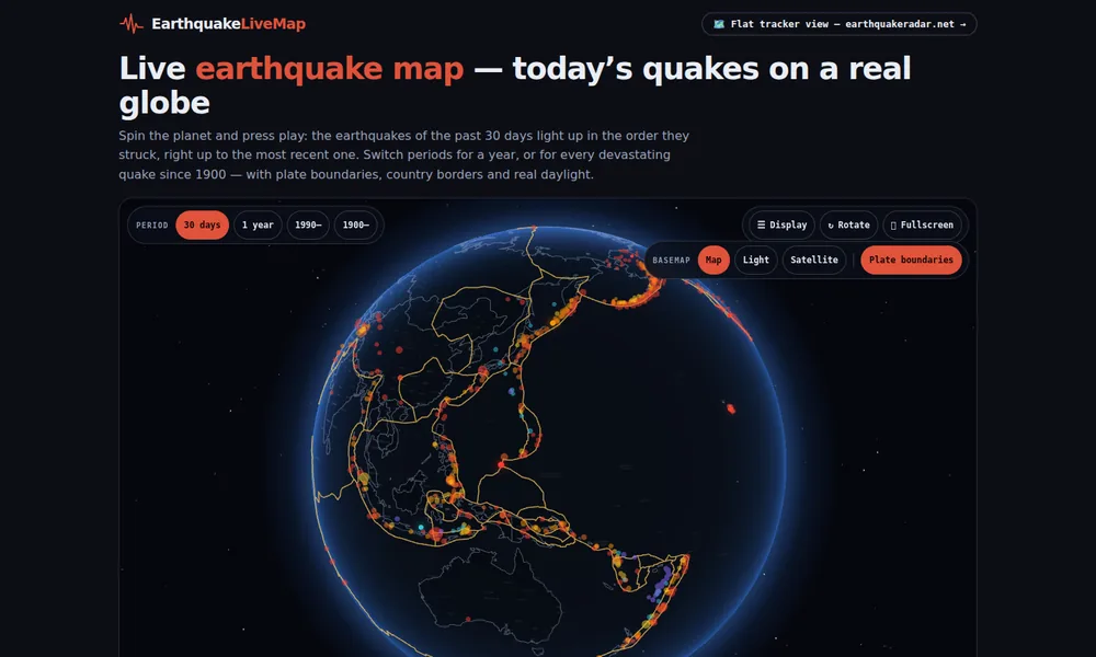 Earthquake LiveMap — live earthquake map on a rotating 3D globe