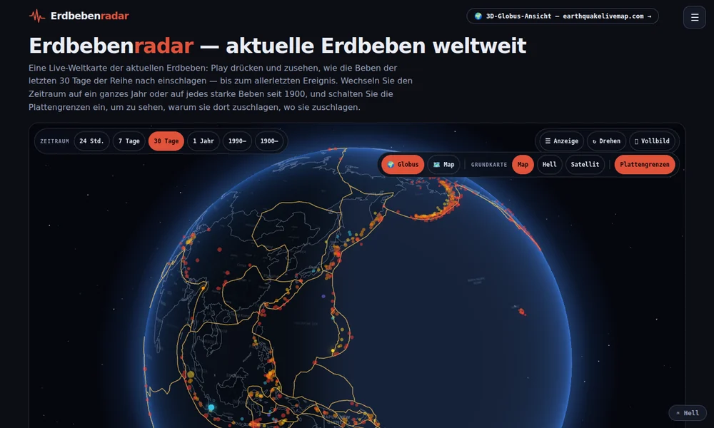 Erdbebenradar — aktuelle Erdbeben weltweit auf der Live-Karte, auf Deutsch