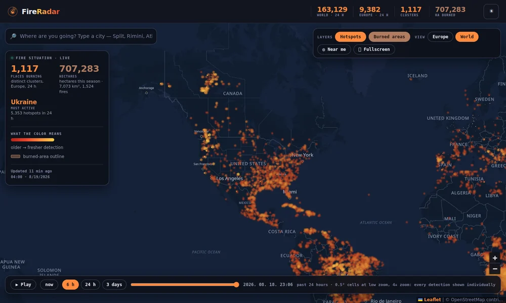 FireRadar — live map of active wildfires and burned areas