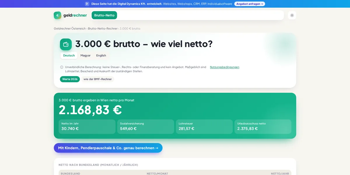 3,000 € gross to net — an example page of the Geldrechner