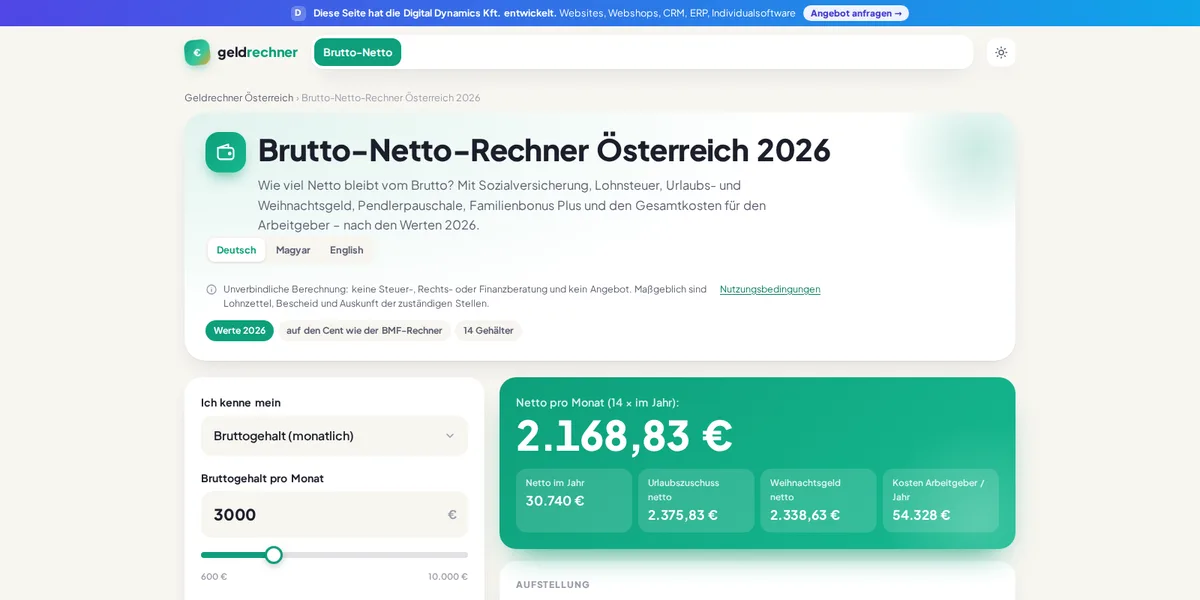 Austrian gross-to-net salary calculator 2026 with 13th and 14th salary