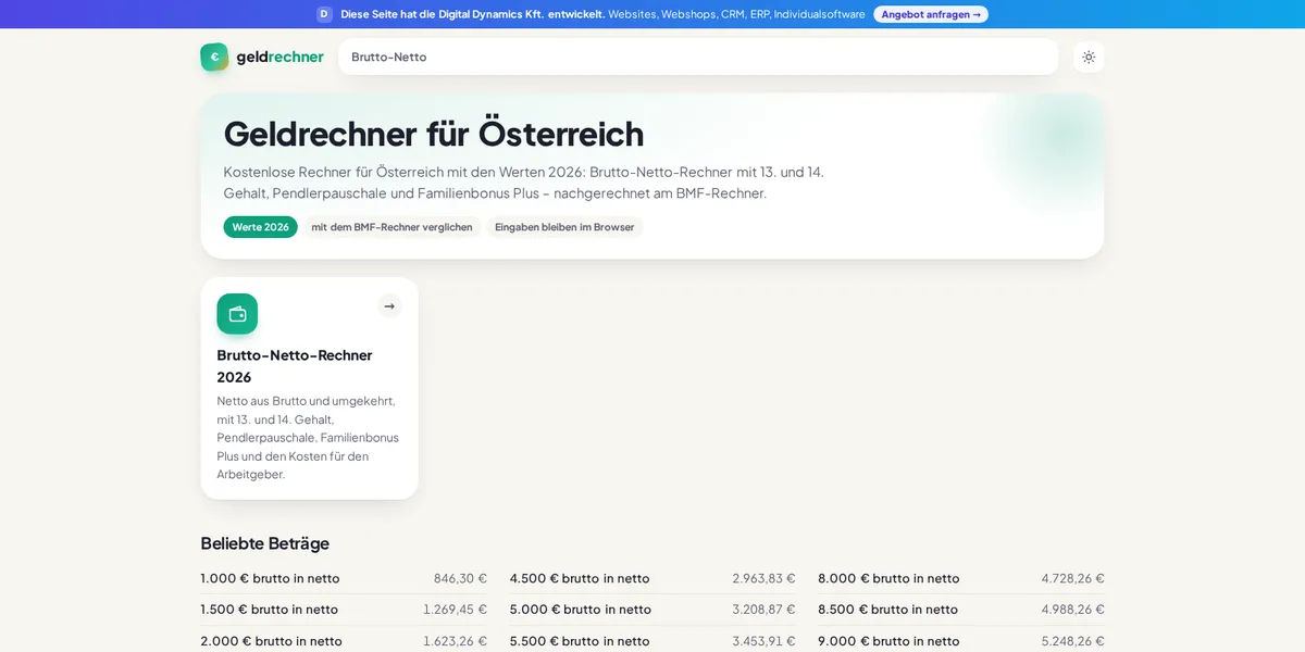 Geldrechner — our Austrian gross-to-net calculator site, 2026 rules