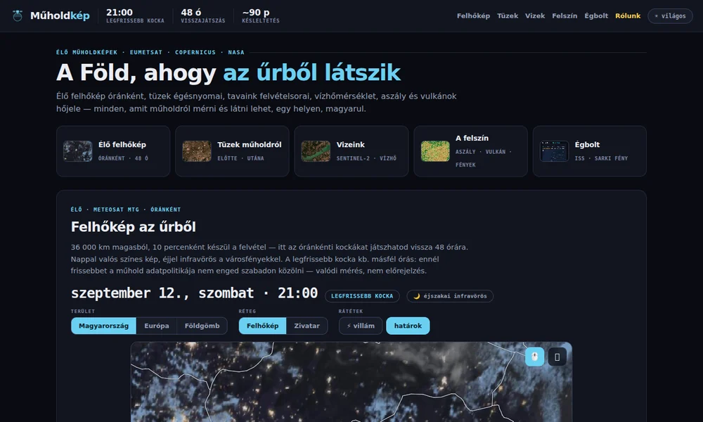 Műholdkép — élő felhőkép, tüzek, vizek és a felszín az űrből