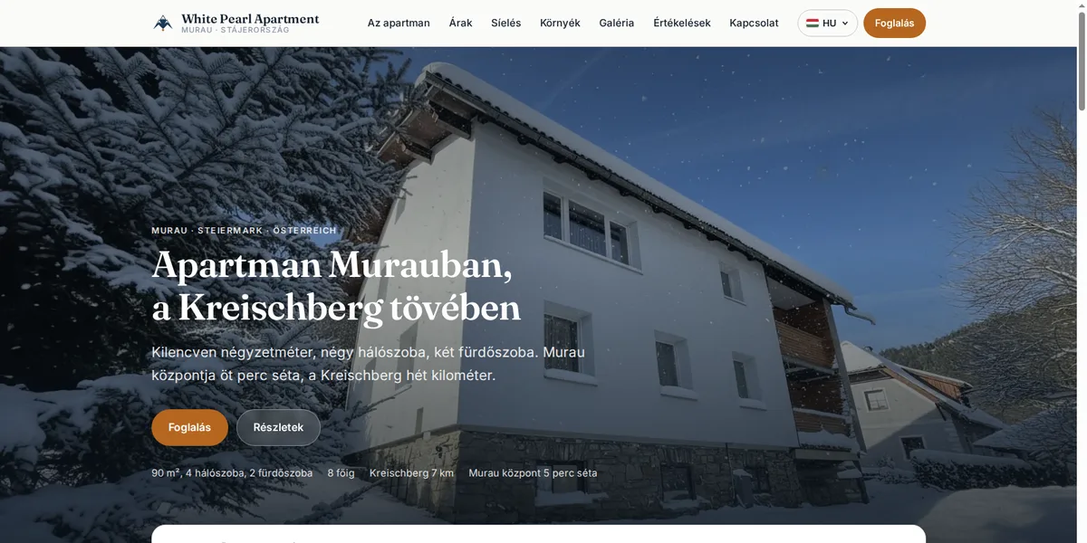 A White Pearl Apartment foglalós weboldala, Murau