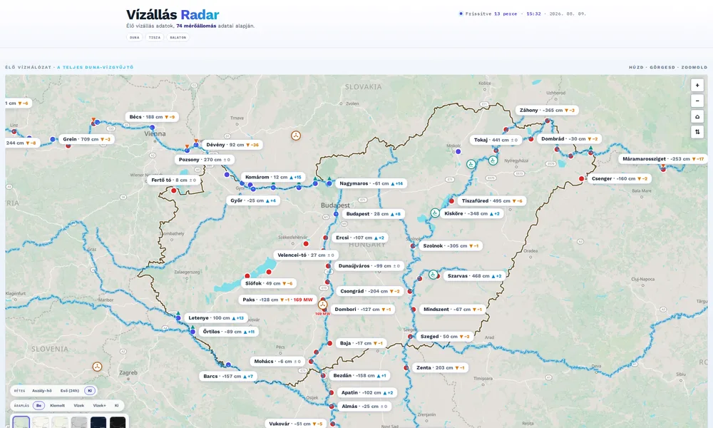 Vízállásradar — a Duna vízgyűjtőjének élő vízállás-térképe