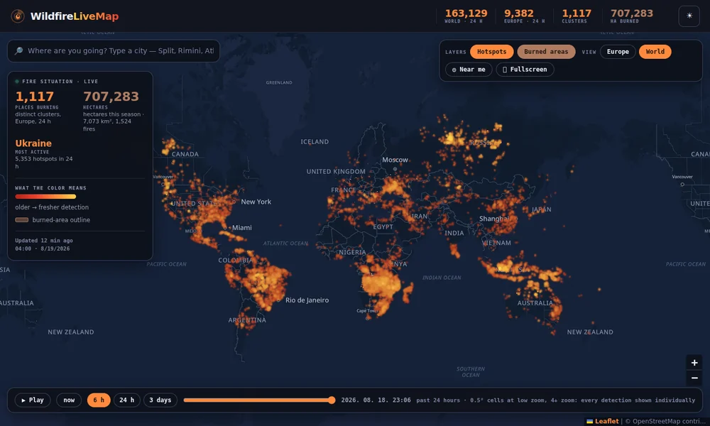 WildfireLiveMap — worldwide live wildfire detections on one map